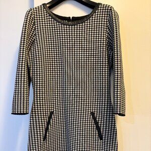 Lauren Ralph Lauren Houndstooth Sheath Dress Small Faux Leather Trim Black White